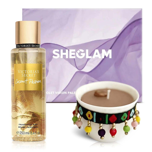 Luxe Glow Bundle Set | Victoria's Secret Coconut Passion Mist - Violet Vision Palette - Arabic Coffee Cup Candle
