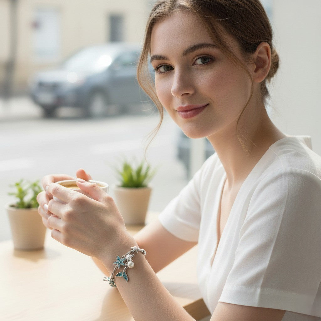 Woman holding a mug with a blurred street scene in the background