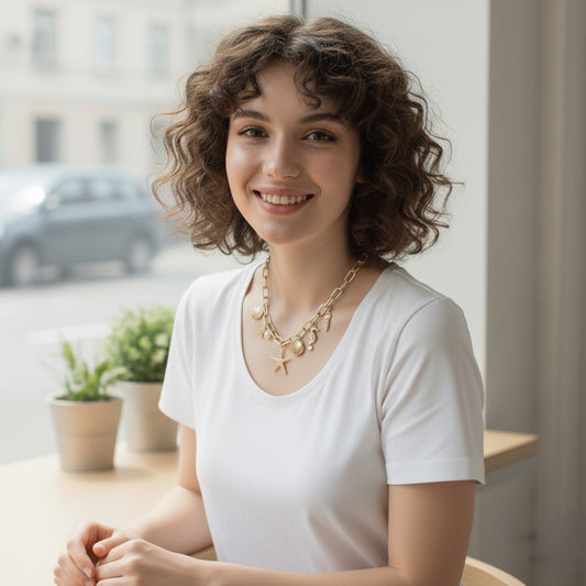 Woman with curly hair wearing a white shirt and gold necklace indoors.