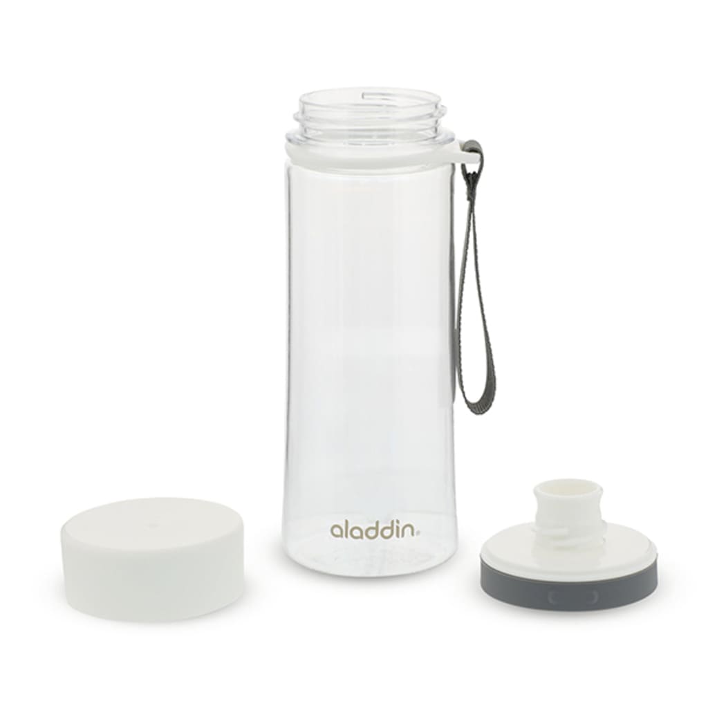 White water bottle with black strap and two additional lids on a white background, featuring the Aladdin brand.