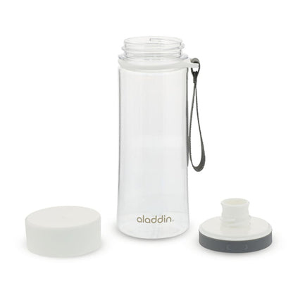White water bottle with black strap and two additional lids on a white background, featuring the Aladdin brand.