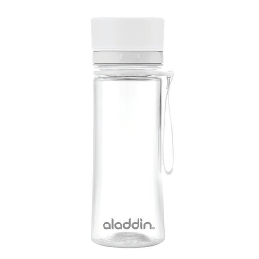 Clear water bottle with white cap and handle on a white background, featuring the Aladdin brand.