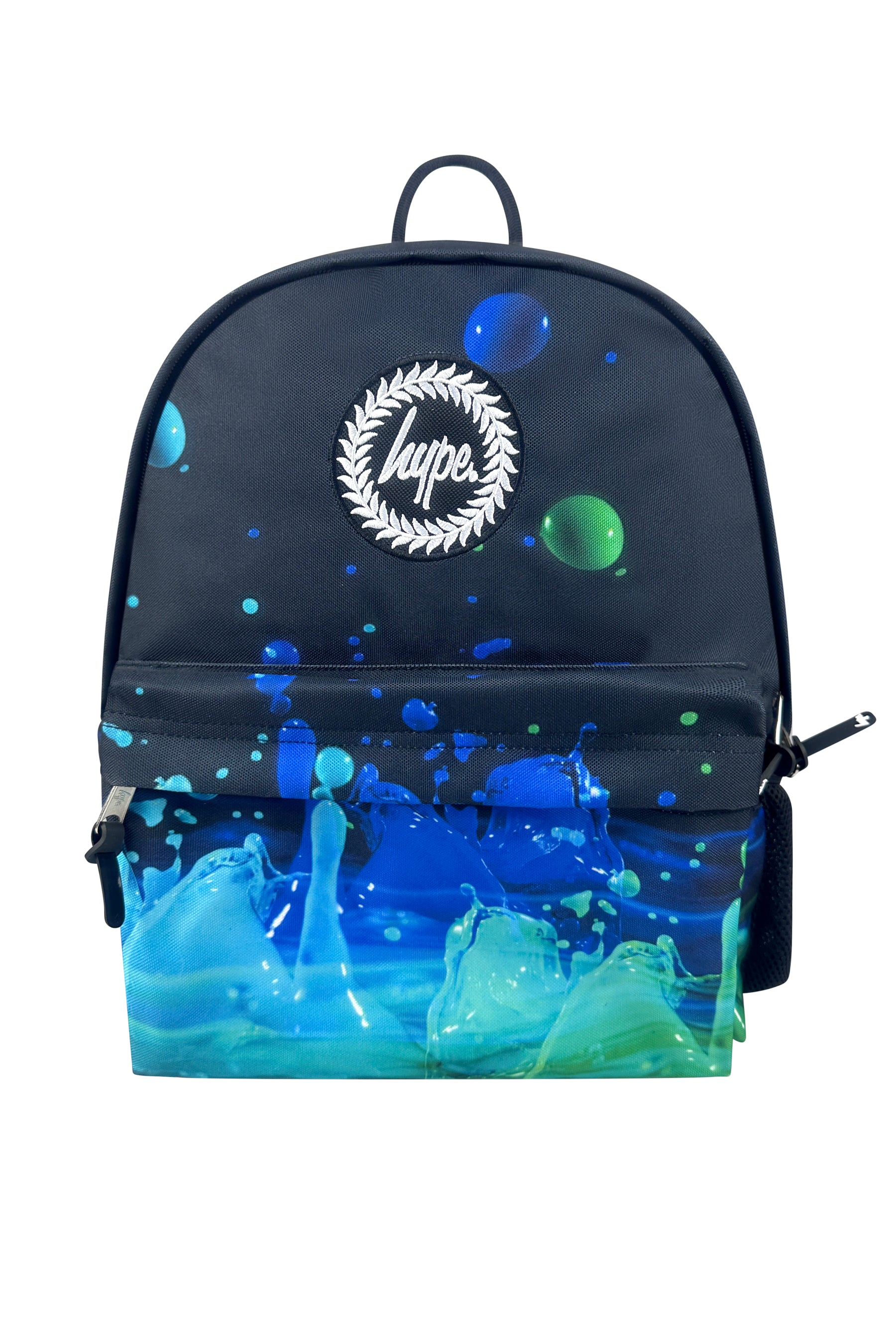 Backpack with a blue and green abstract design and Hype logo on a white background