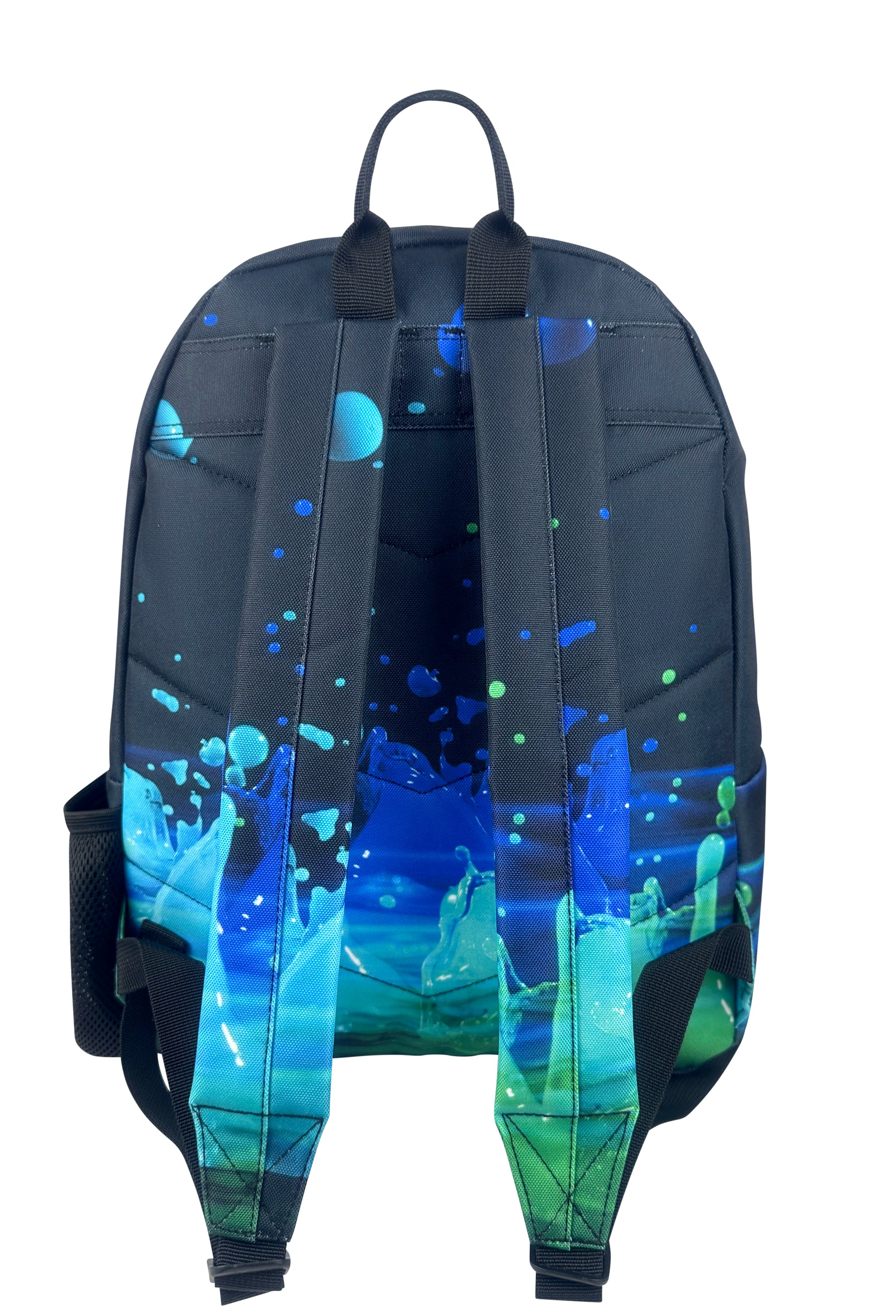 Backpack with blue and green abstract design on a white background