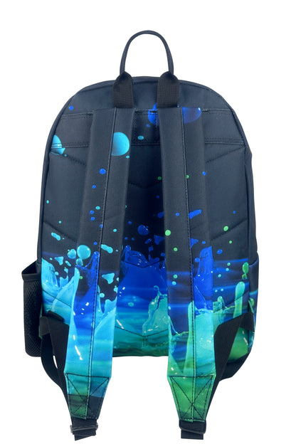 Backpack with blue and green abstract design on a white background