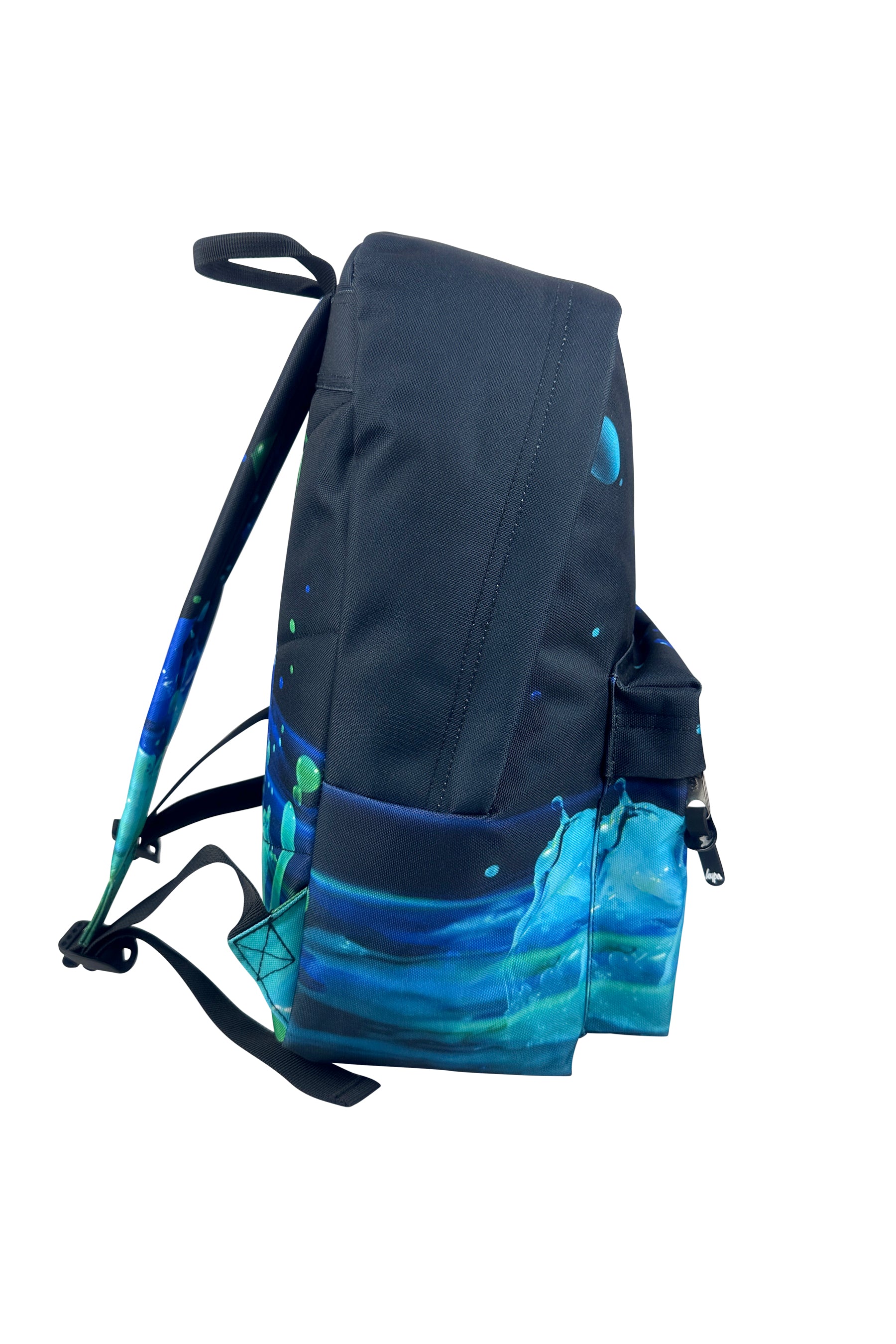 Black backpack with blue and green patterned front pocket on a white background