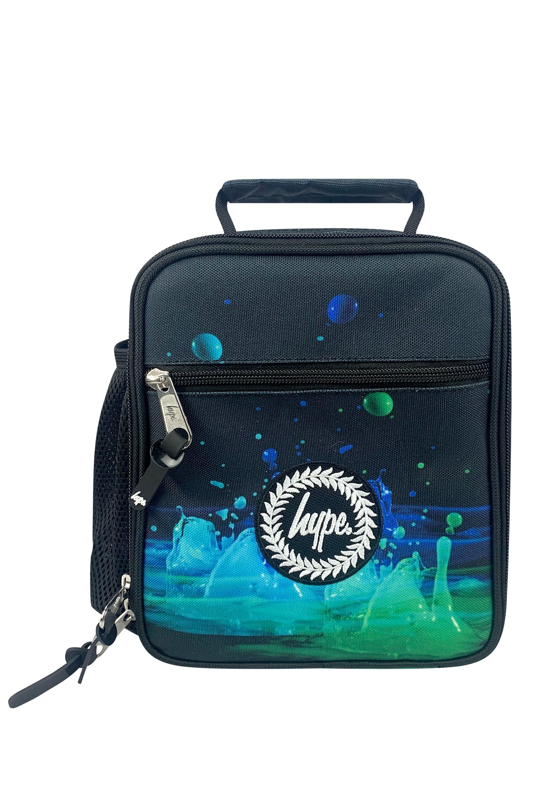Black insulated lunch bag with a colorful design and 'hype.' logo on a white background