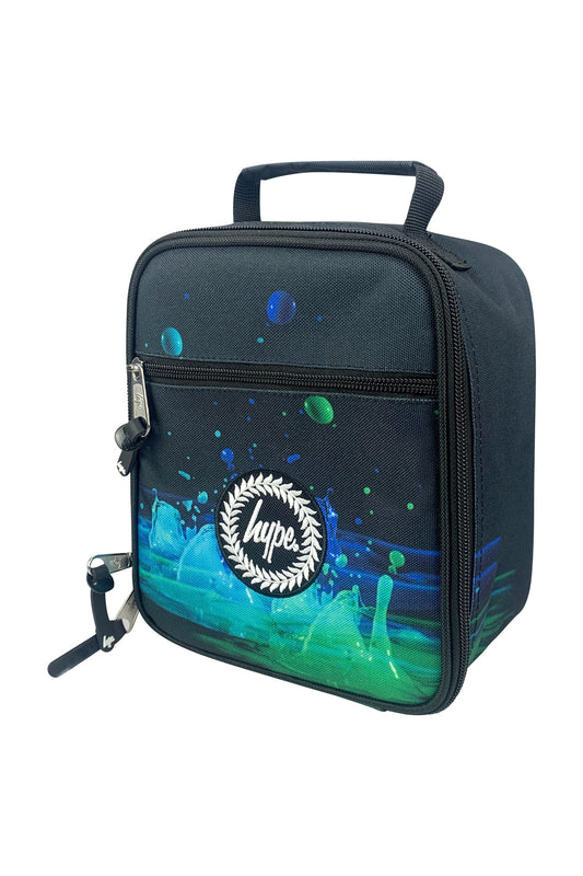 Black insulated lunch bag with colorful design and 'hype' logo on a white background