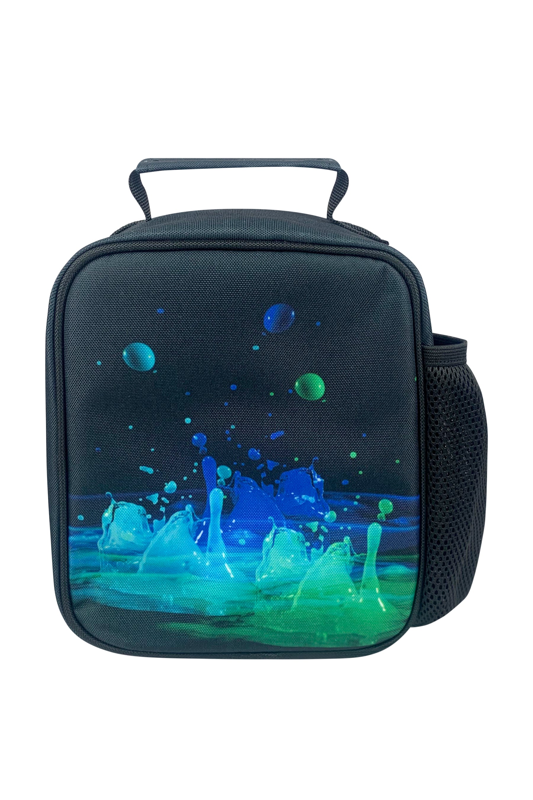 Black rectangular bag with a fantasy design of characters and landscapes on a white background
