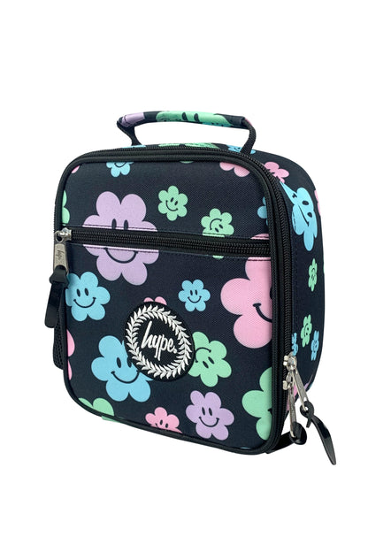 Black Happy Flowers Lunch Bag