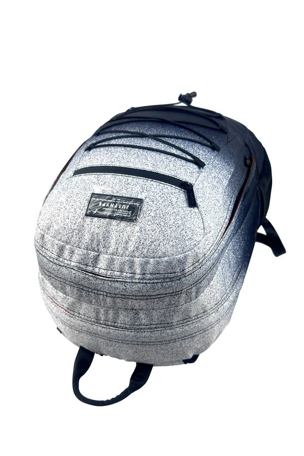 Gray backpack with black straps on a white background