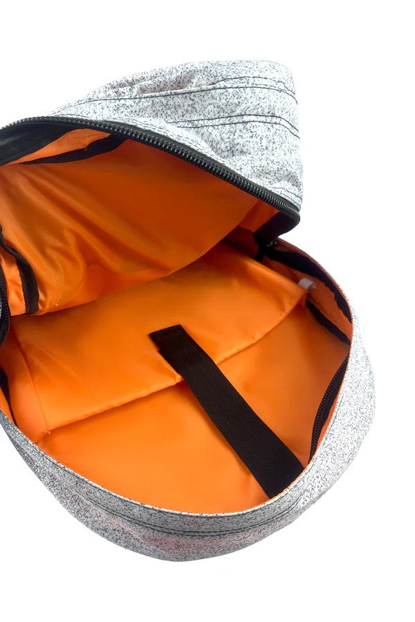 Gray and orange backpack with open front compartment on a white background