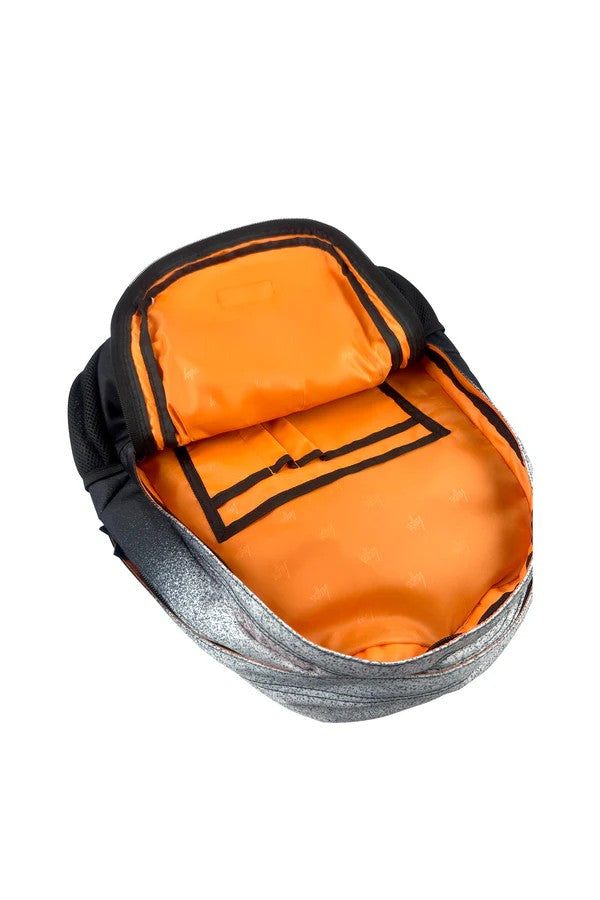 Orange backpack with black interior on a white background