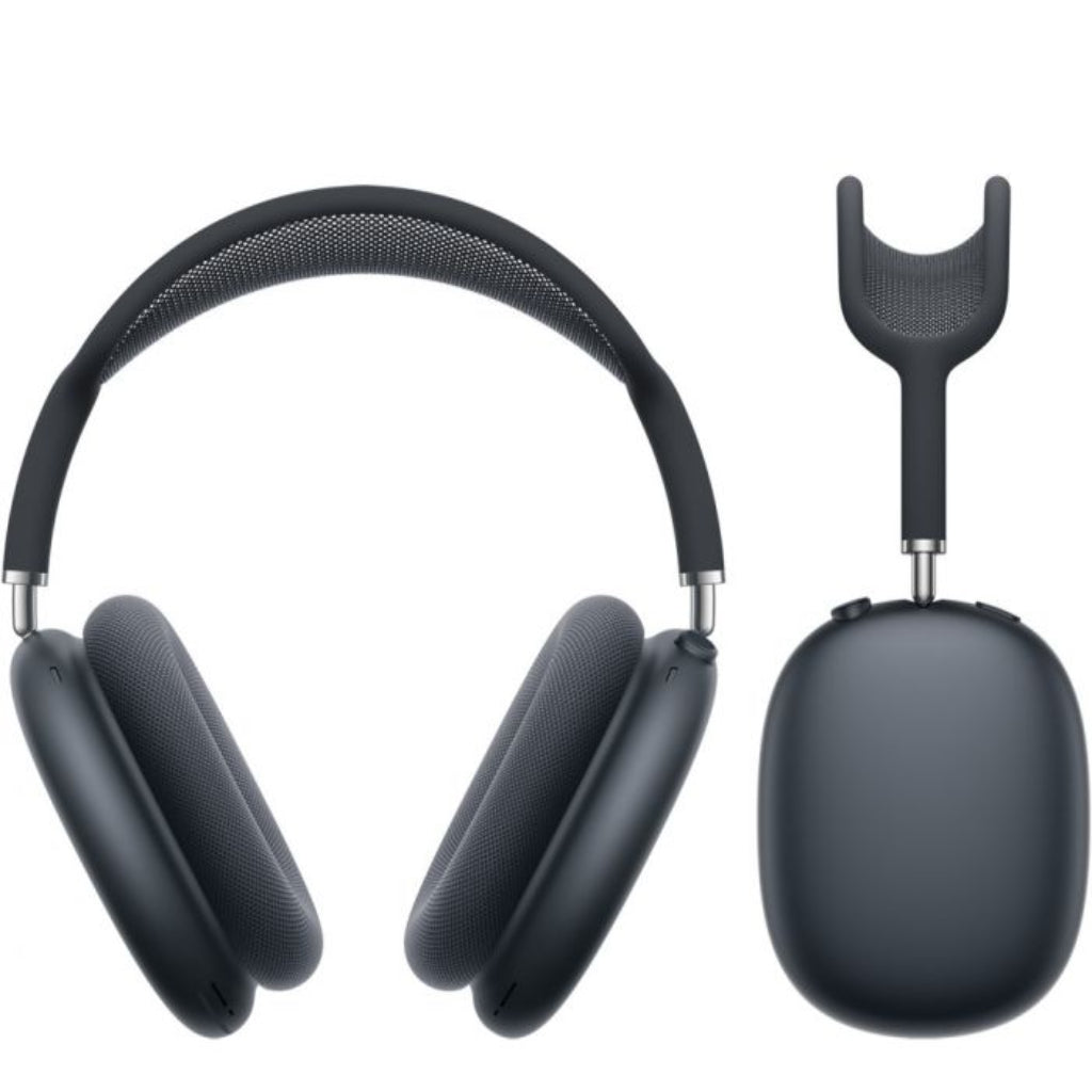 Black over-ear headphones with charging case on a white background