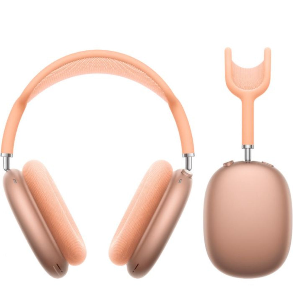 Pink headphones with a charging case on a white background