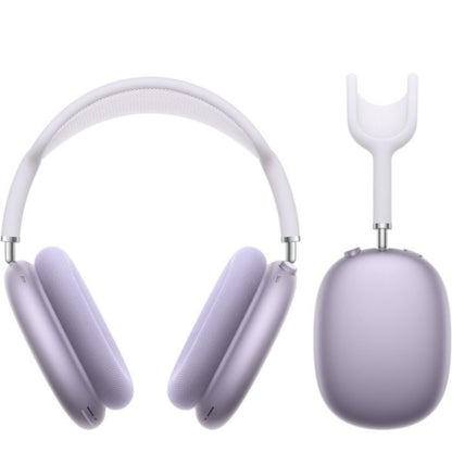 Purple headphones with a charging case on a white background