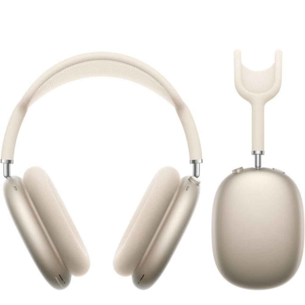 Beige headphones with a detachable microphone on a white background