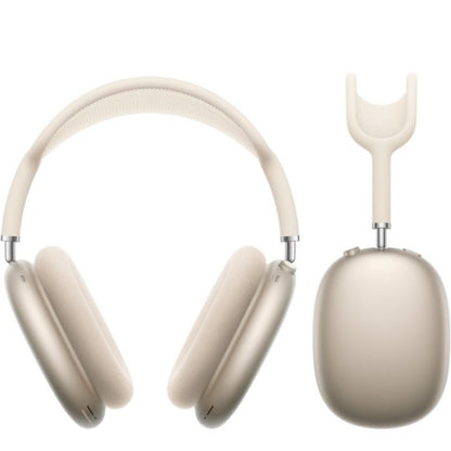 Beige headphones with a detachable microphone on a white background