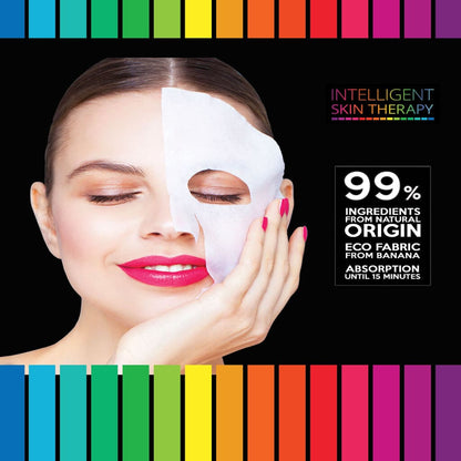 Woman applying a face mask with colorful bars and text about intelligent skin therapy on a black background.