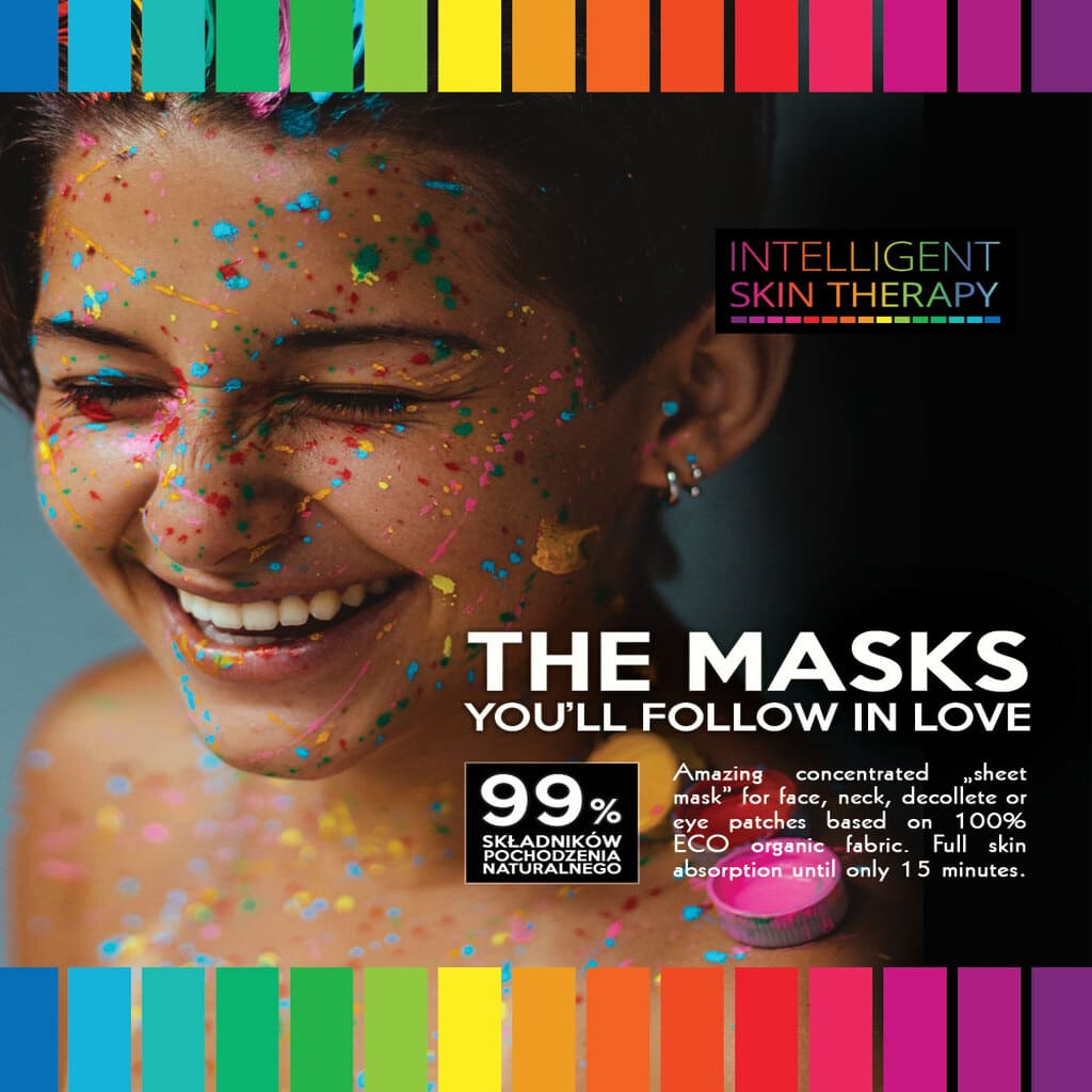 Person with colorful makeup and confetti, promoting 'Intelligent Skin Therapy' masks.