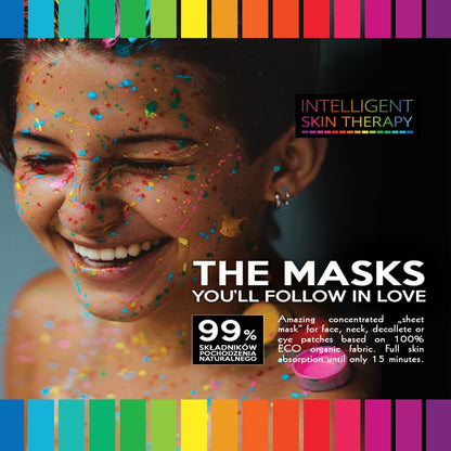 Person with colorful makeup and confetti, promoting 'Intelligent Skin Therapy' masks.