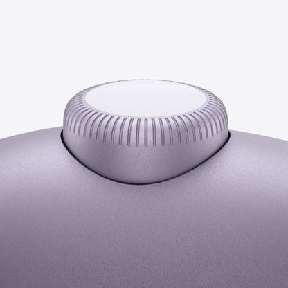 Close-up of a purple electronic device with a circular control knob on a white background