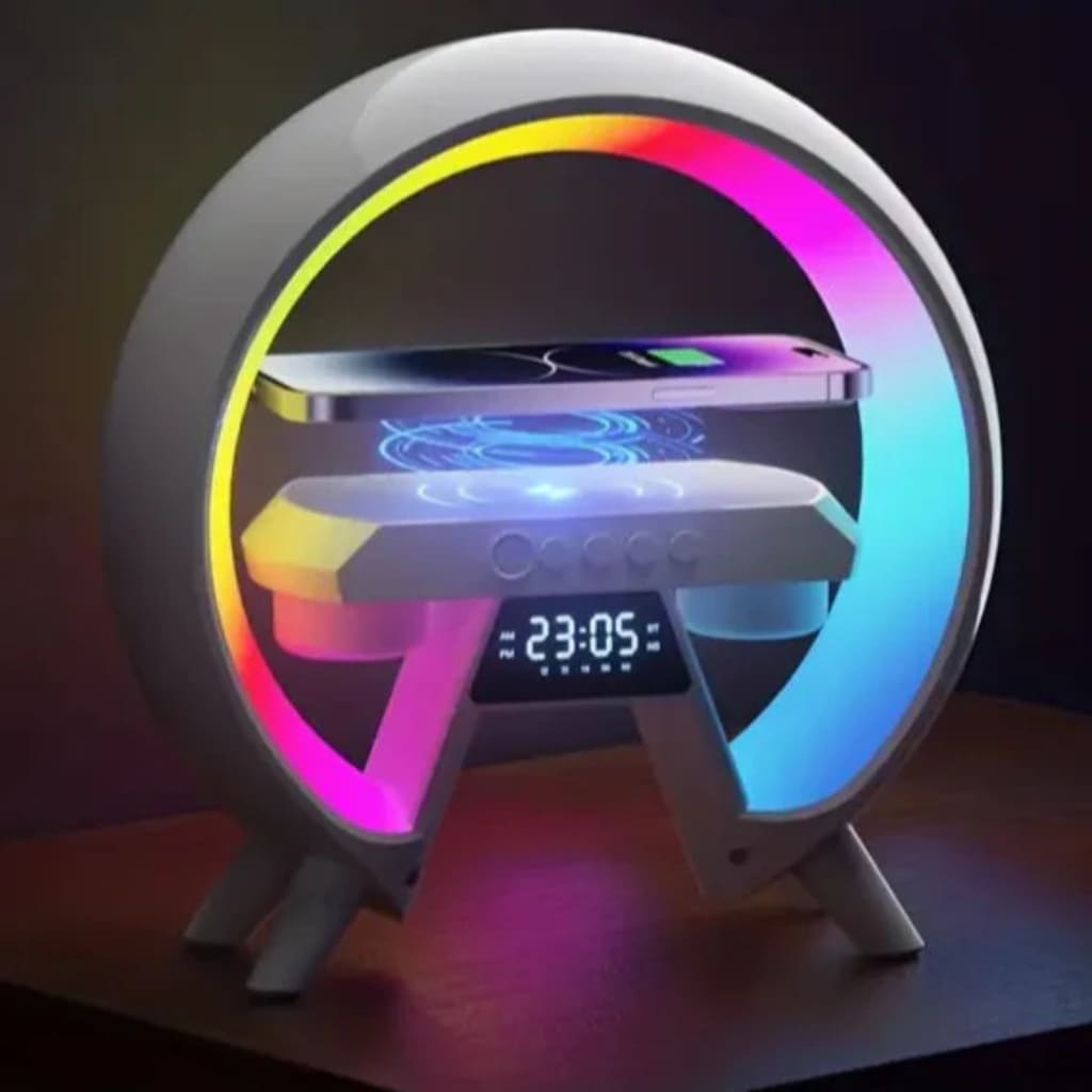 Multicolored circular device with digital display on a dark background
