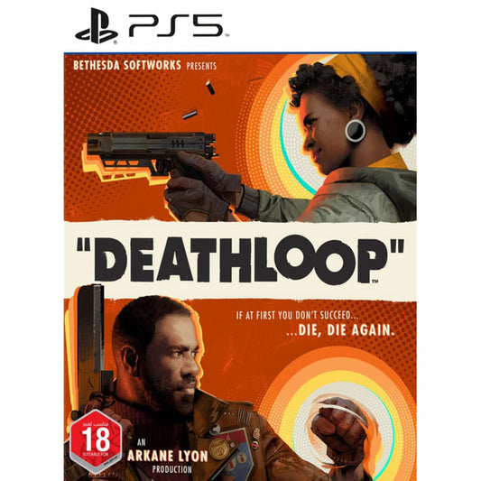 Game cover of 'Deathloop' by Bethesda Softworks with two characters and a gun on an orange background.