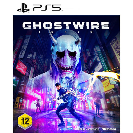 Game cover of 'Ghostwire: Tokyo' with a large creature and cityscape in the background, featuring the PS5 logo.