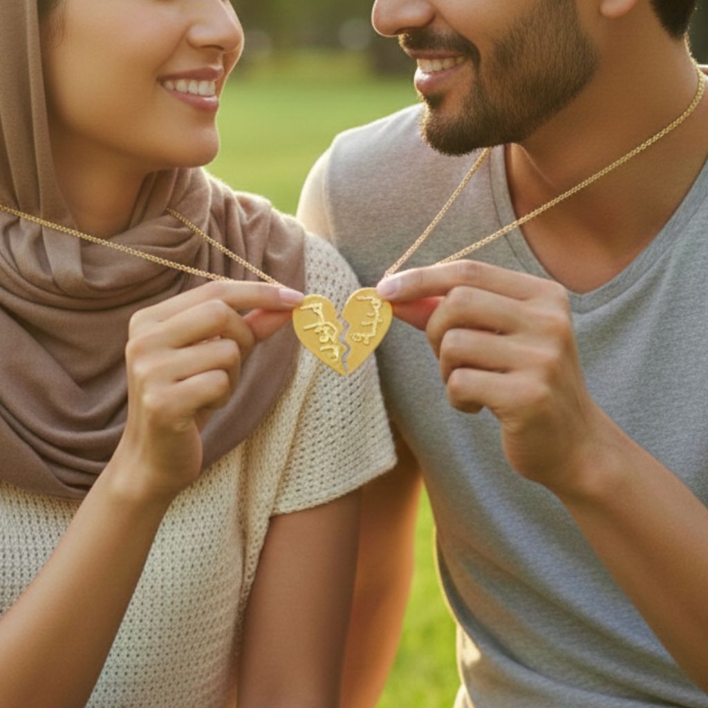 Couple holding a gold heart-shaped pendant with 'I Love You' engraving outdoors.