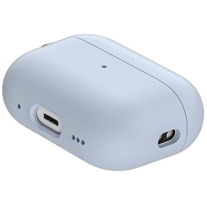 Light blue wireless earbud case with charging port on a white background