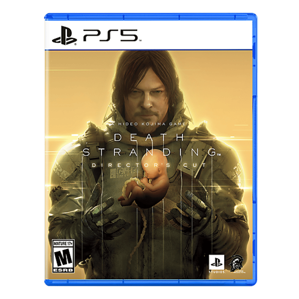 PlayStation 5 game case for 'Death Stranding' with a character holding a baby.