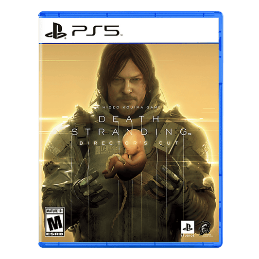 PlayStation 5 game case for 'Death Stranding' with a character holding a baby.