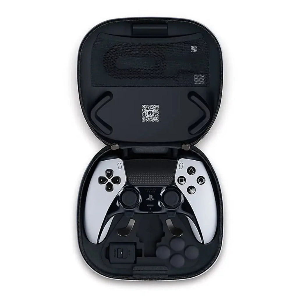 Black carrying case with a gaming controller inside on a white background