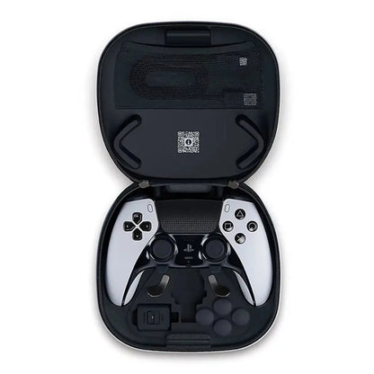 Black carrying case with a gaming controller inside on a white background