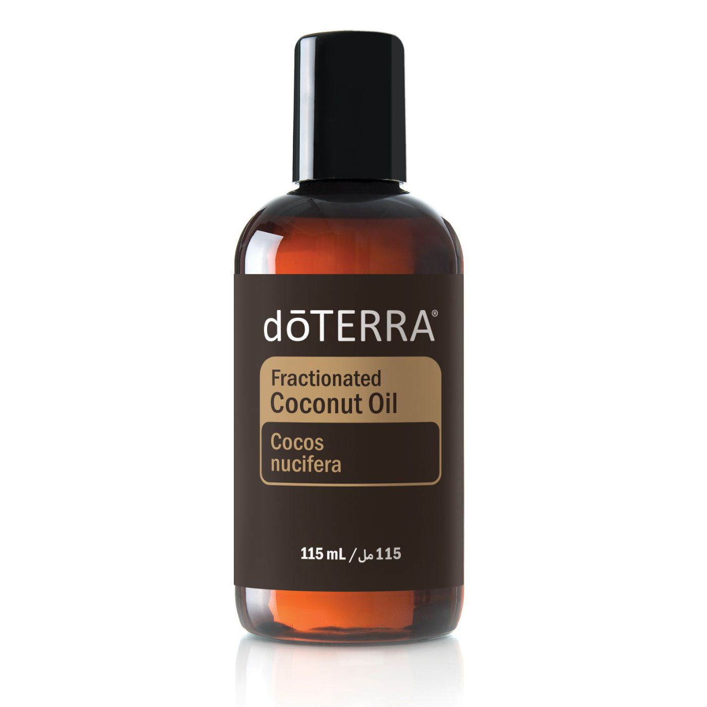 A bottle of dôTERRA Fractionated Coconut Oil with the label Cocos Nucifera, indicating the type of oil. The bottle is 15 ml in size.