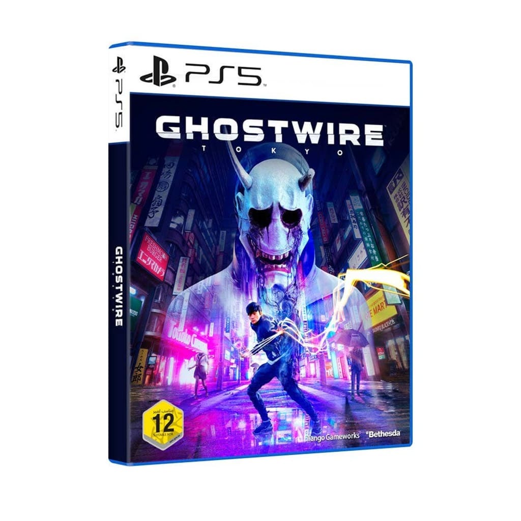 PlayStation 5 game case for 'Ghostwire: Tokyo' with a futuristic cityscape and character on the cover.