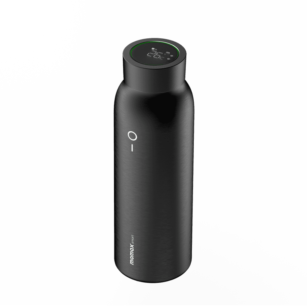 Black water bottle with digital display on a white background