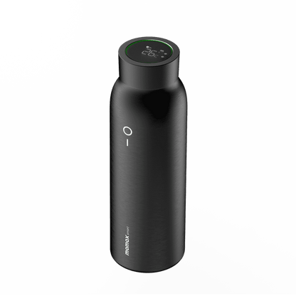 Black water bottle with digital display on a white background