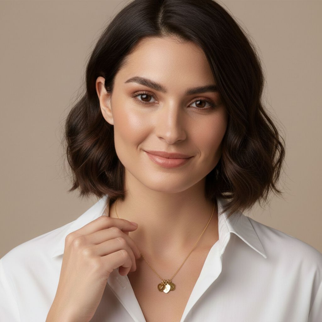 Woman wearing a white shirt and gold necklace against a beige background