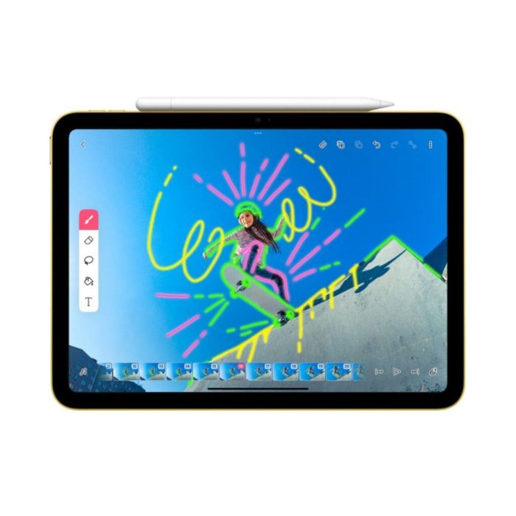Tablet displaying a colorful drawing of a person on skis with mountains in the background.