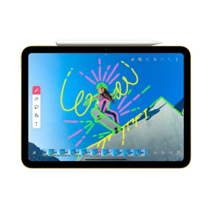 Tablet displaying a colorful drawing of a person on skis with mountains in the background.