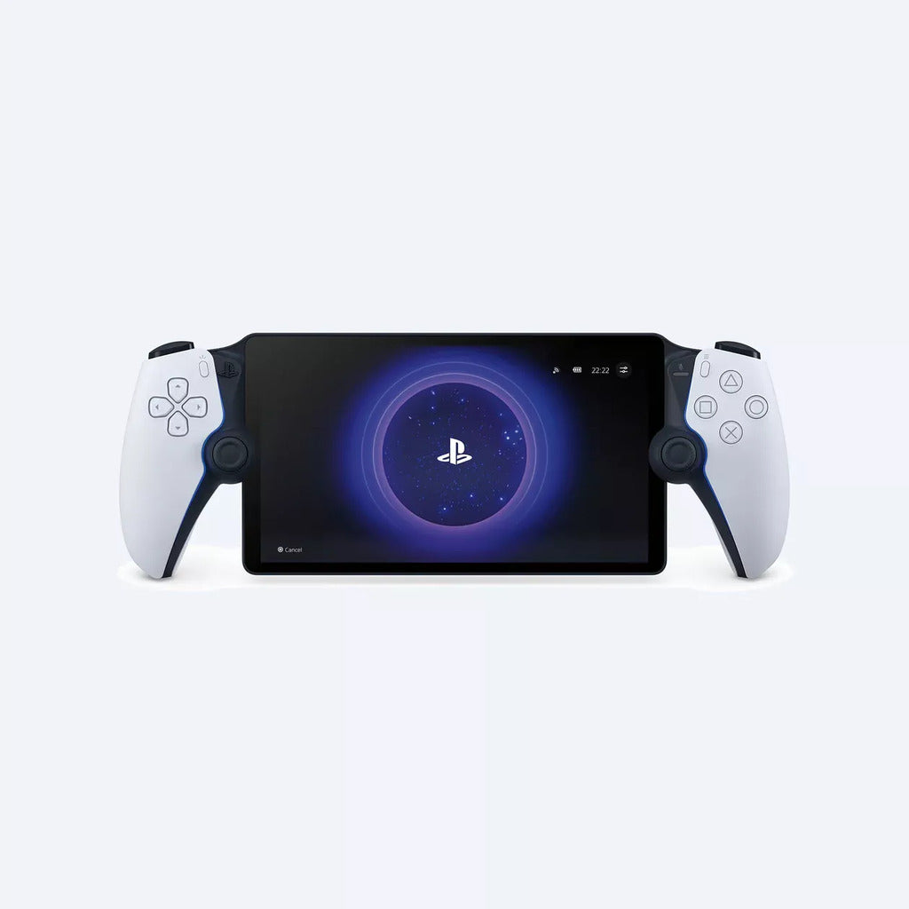Gaming device with screen displaying a logo on a white background