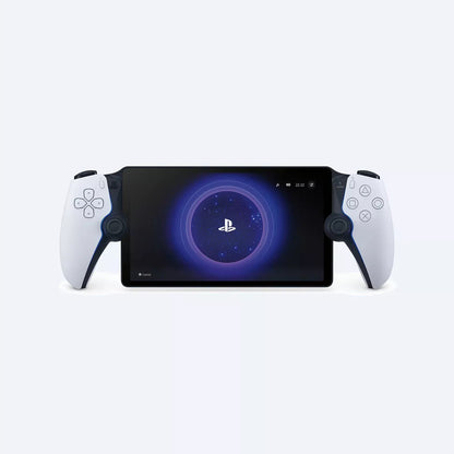 Gaming device with screen displaying a logo on a white background