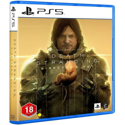 PlayStation 5 game case for 'Death Stranding' with a character holding a baby.
