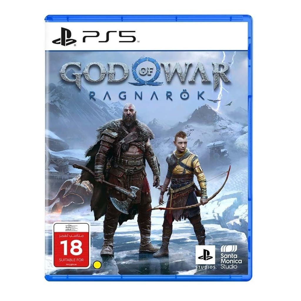 Game case for 'God of War Ragnarök' on PS5 with two characters and a snowy landscape.