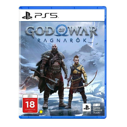 Game case for 'God of War Ragnarök' on PS5 with two characters and a snowy landscape.
