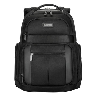 Black backpack with multiple pockets and zippers on a white background