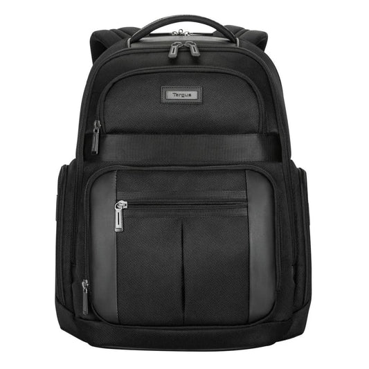 Black backpack with multiple pockets and zippers on a white background
