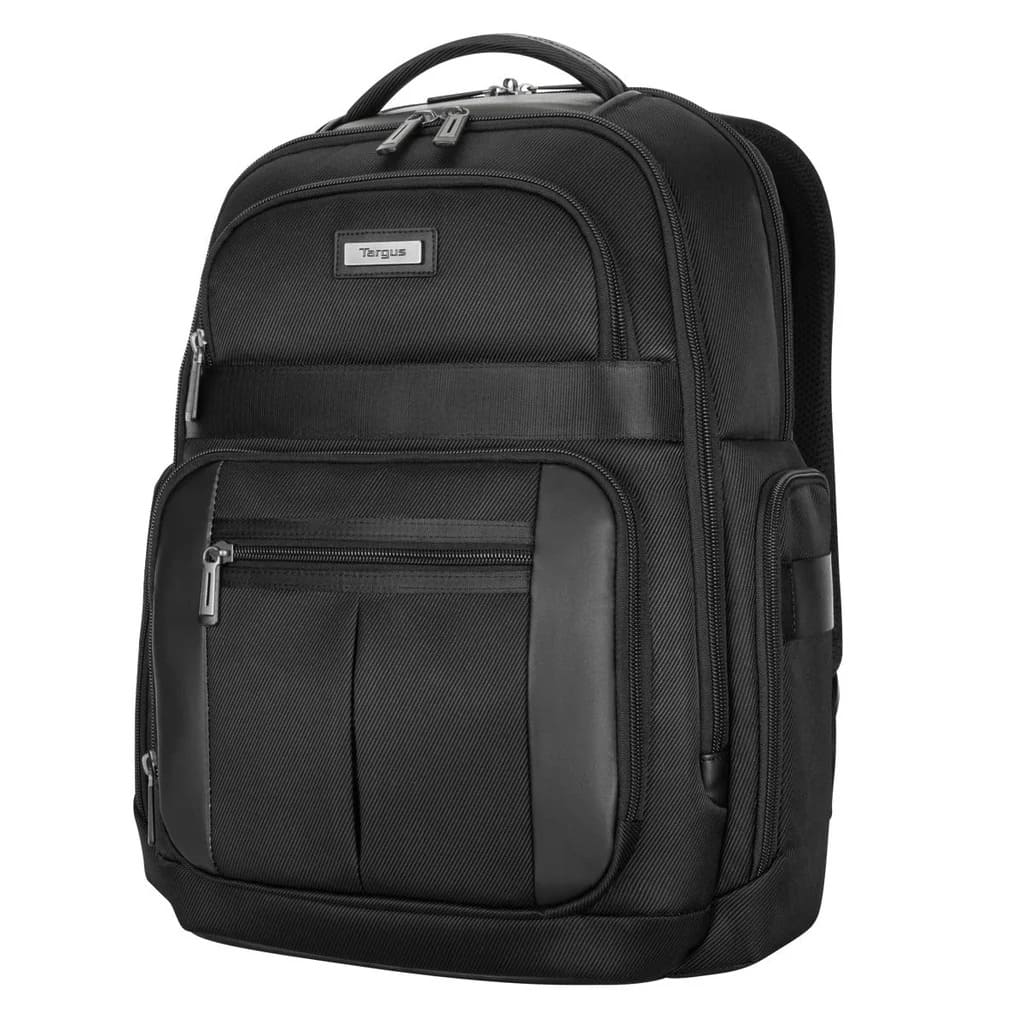 Black backpack with multiple pockets and zippers on a white background